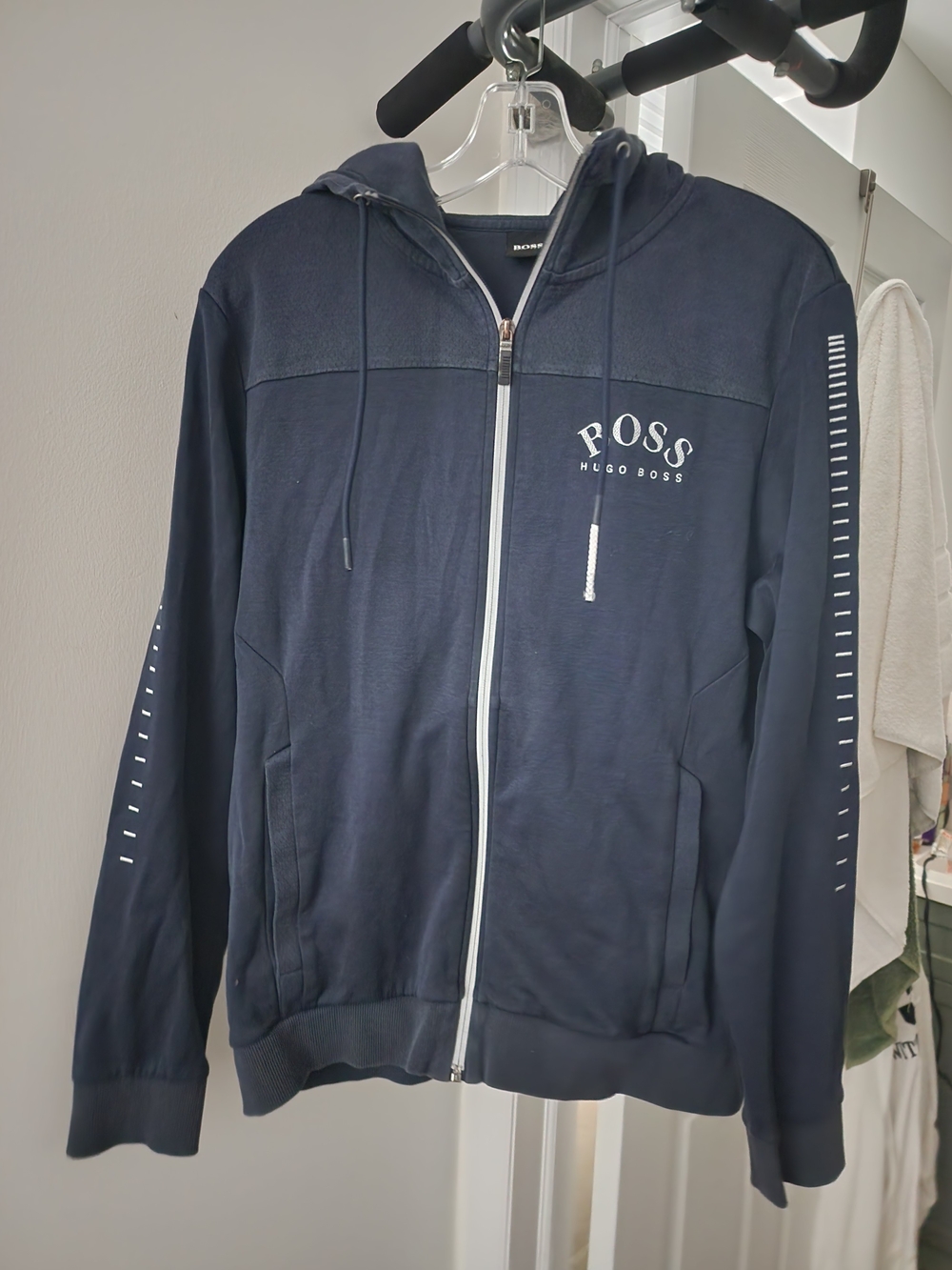 Hugo Boss Navy Full-Zip Hooded Sweatshirt with Sleeve Stripe Accents